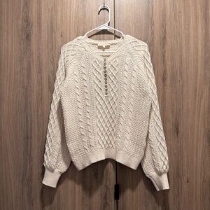 Sezane Bree Ivory Cotton Cable Knit Henley Sweater